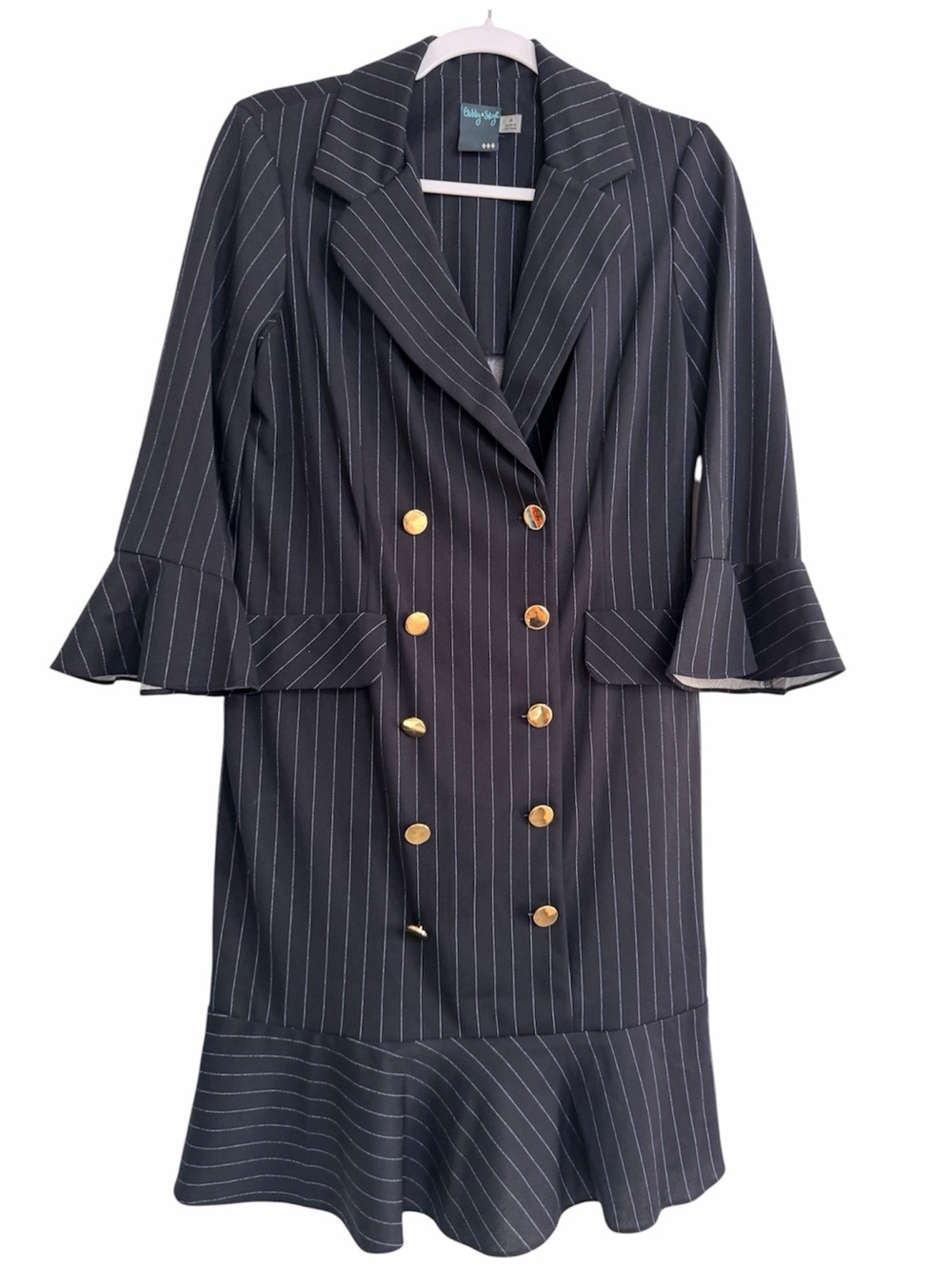 Gabby Skye Navy Pinstripe Double-Breasted Dress with Gold Buttons